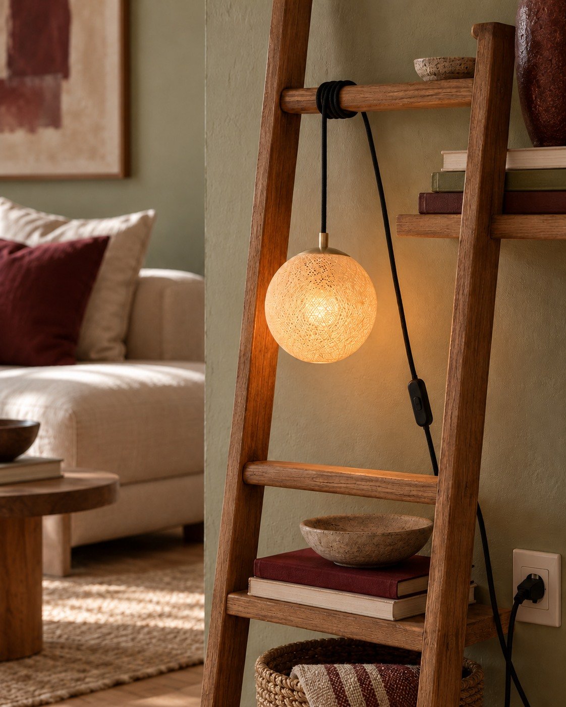 Nômade suspenso pelo cabo em uma escada decorativa, com globo fechado na parte inferior